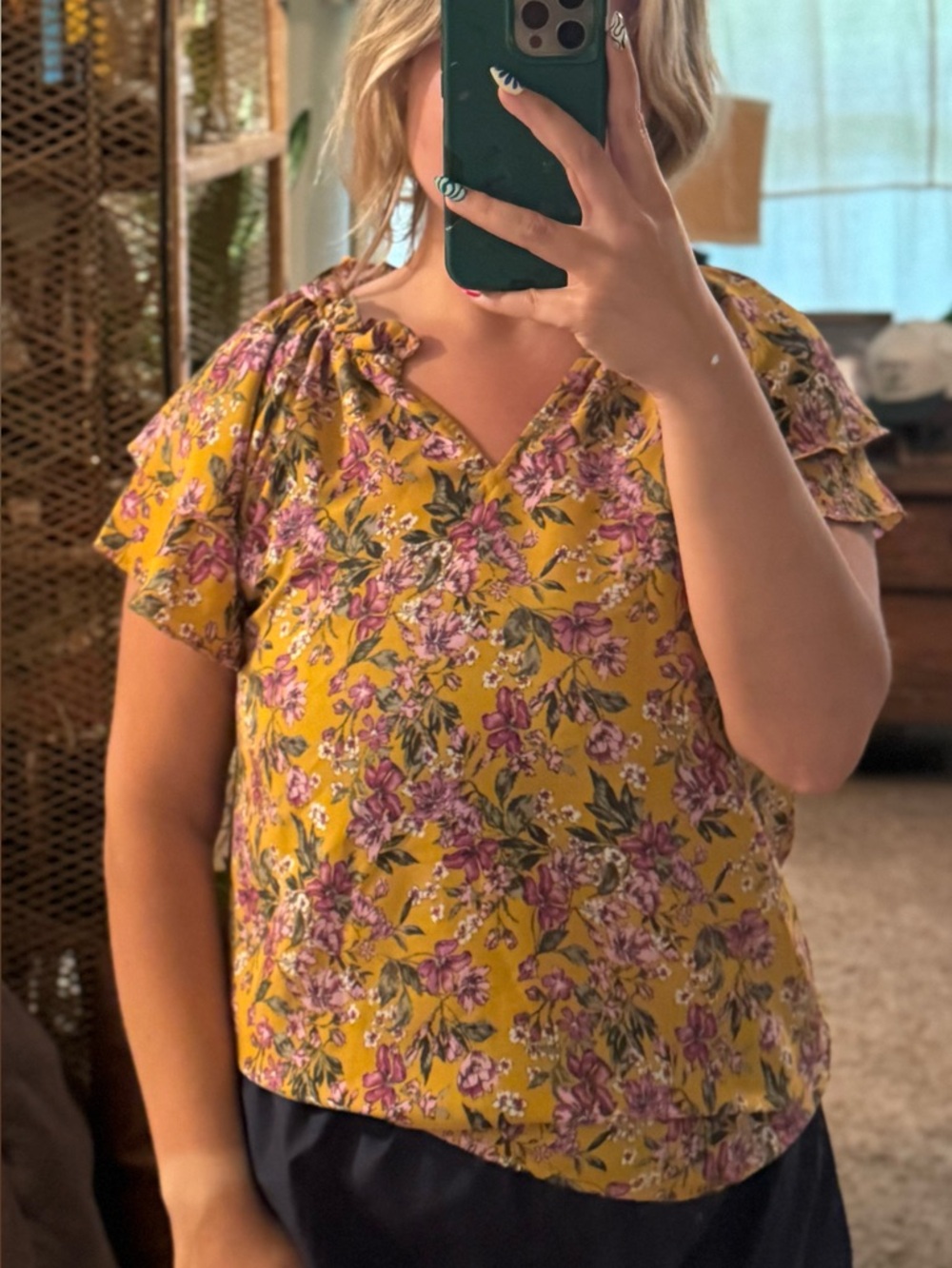 Pleione Mustard Floral V-Neck Ruffle Sleeve Top